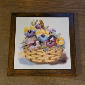Colorful Floral Basket Tile Trivet With Wood Frame- 9 1/2 X 9 1/2. Vintage